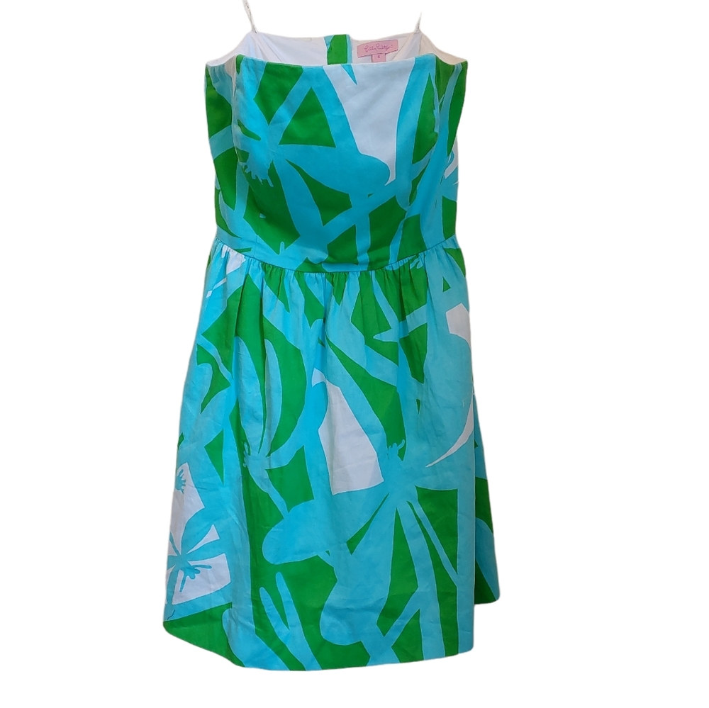 Lilly Pulitzer Blue Green Palm Print Tube Sleeveless Dress Size 6
